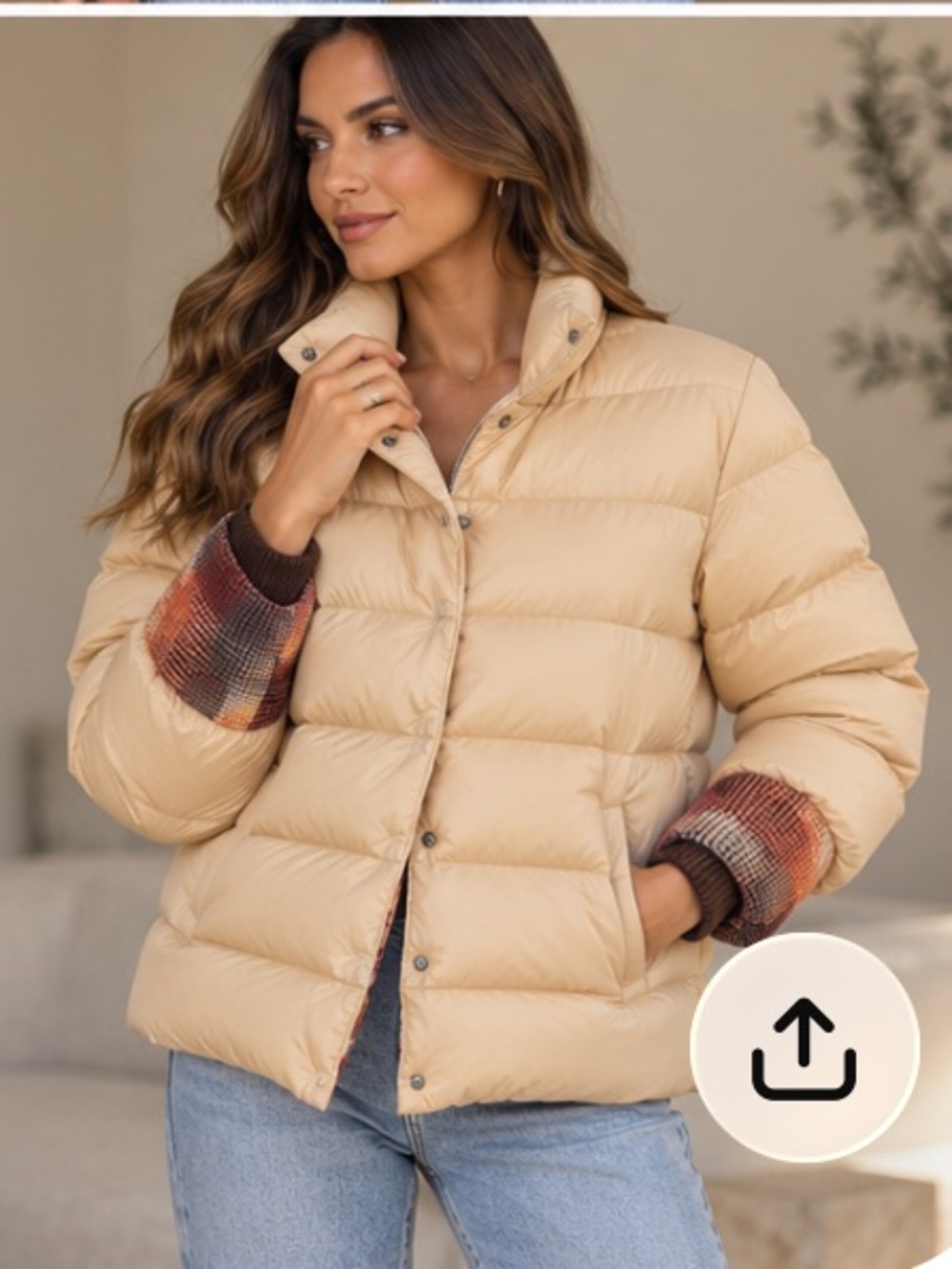 Missoni Women's Beige Puffer Jacket with Plaid Cuff Detail